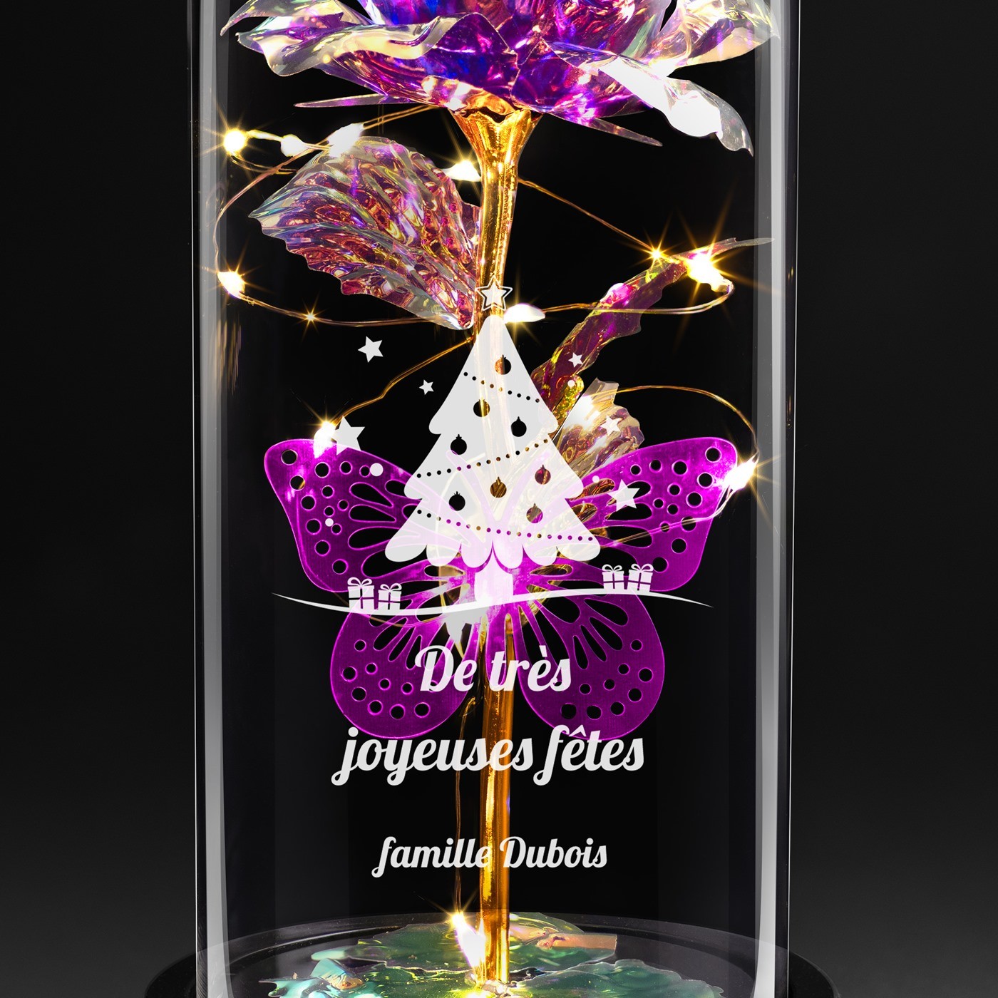 Rose éternelle violette sous cloche en verre avec gravure et lumière LED pour un couple pour Noël