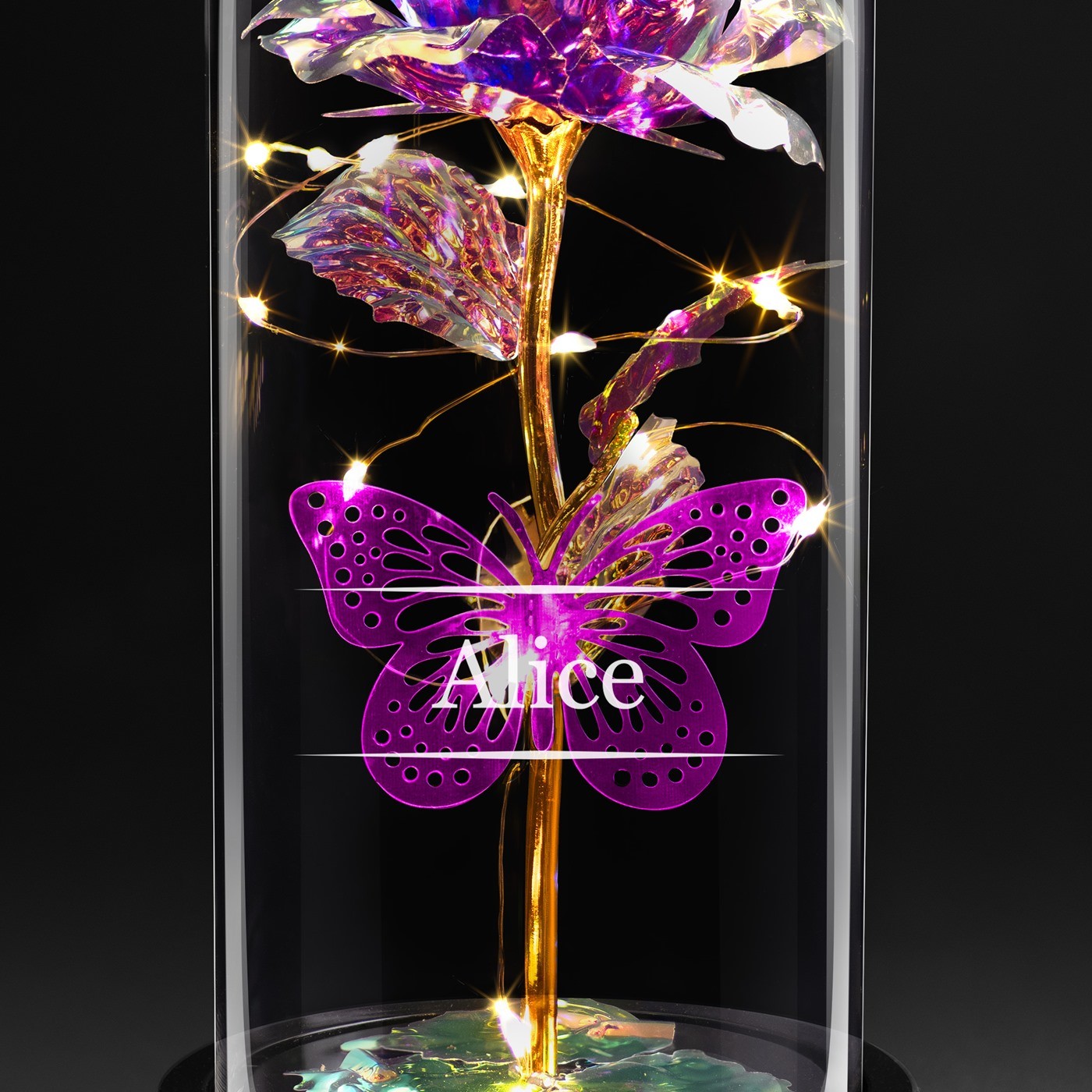 Rose éternelle violette personnalisée sous cloche en verre avec lumière LED pour l'anniversaire d'une petite fille