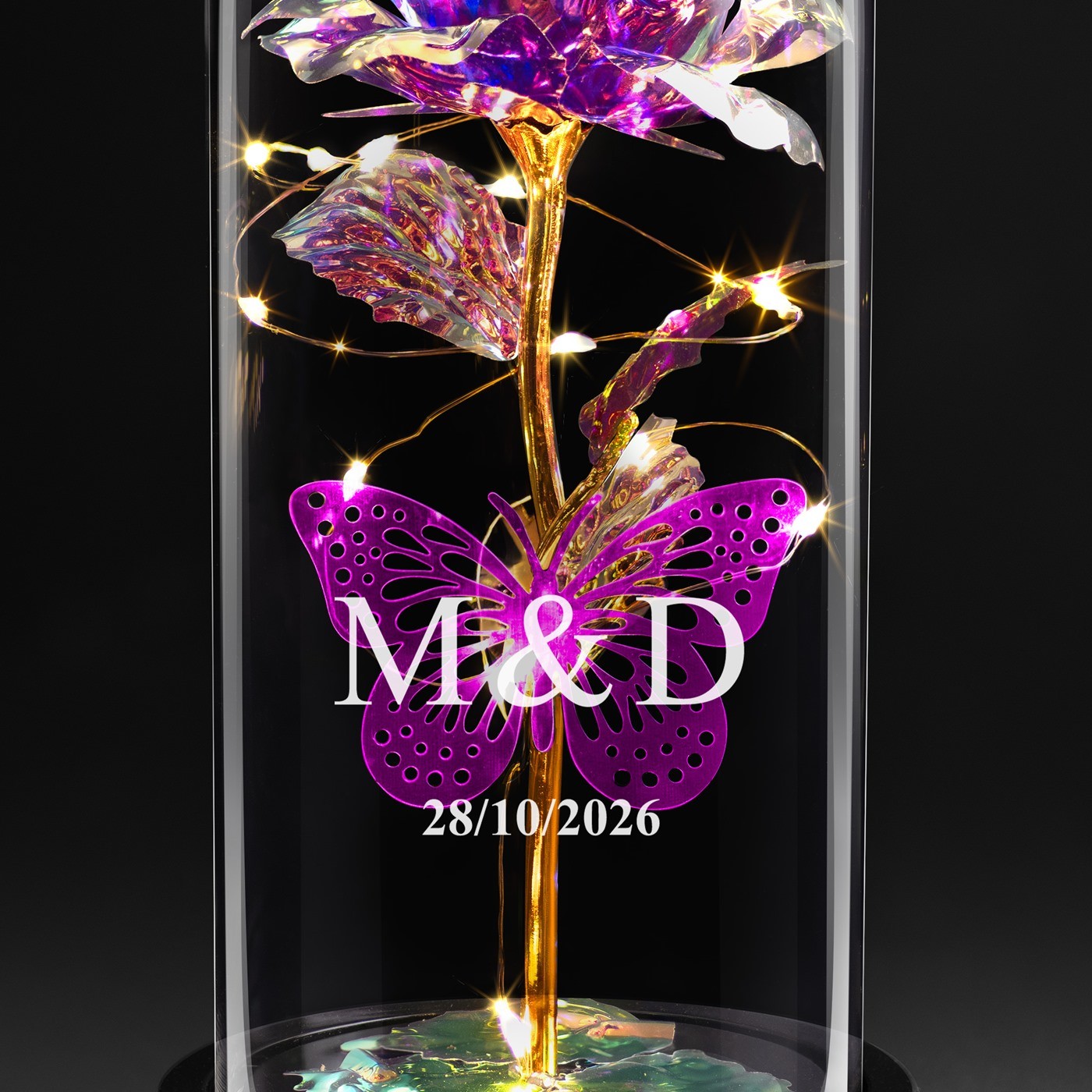 Rose éternelle violette personnalisée sous cloche en verre avec lumière LED pour un couple pour l'anniversaire de mariage