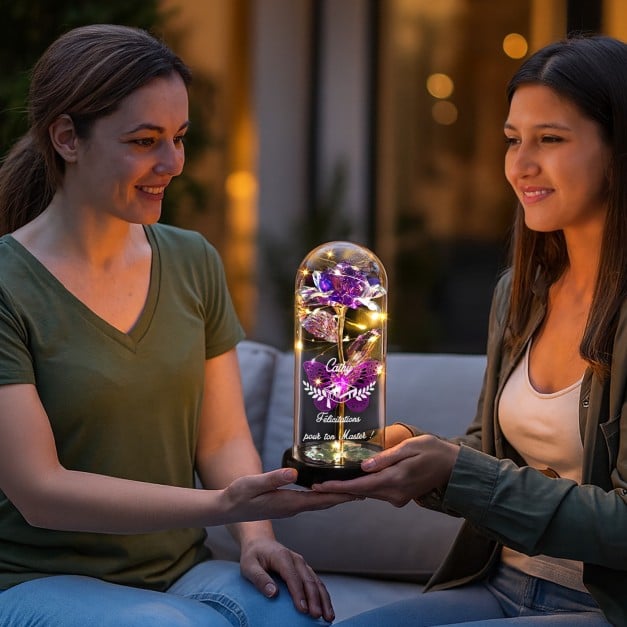Rose éternelle violette sous cloche en verre avec gravure et lumière LED pour une diplômée