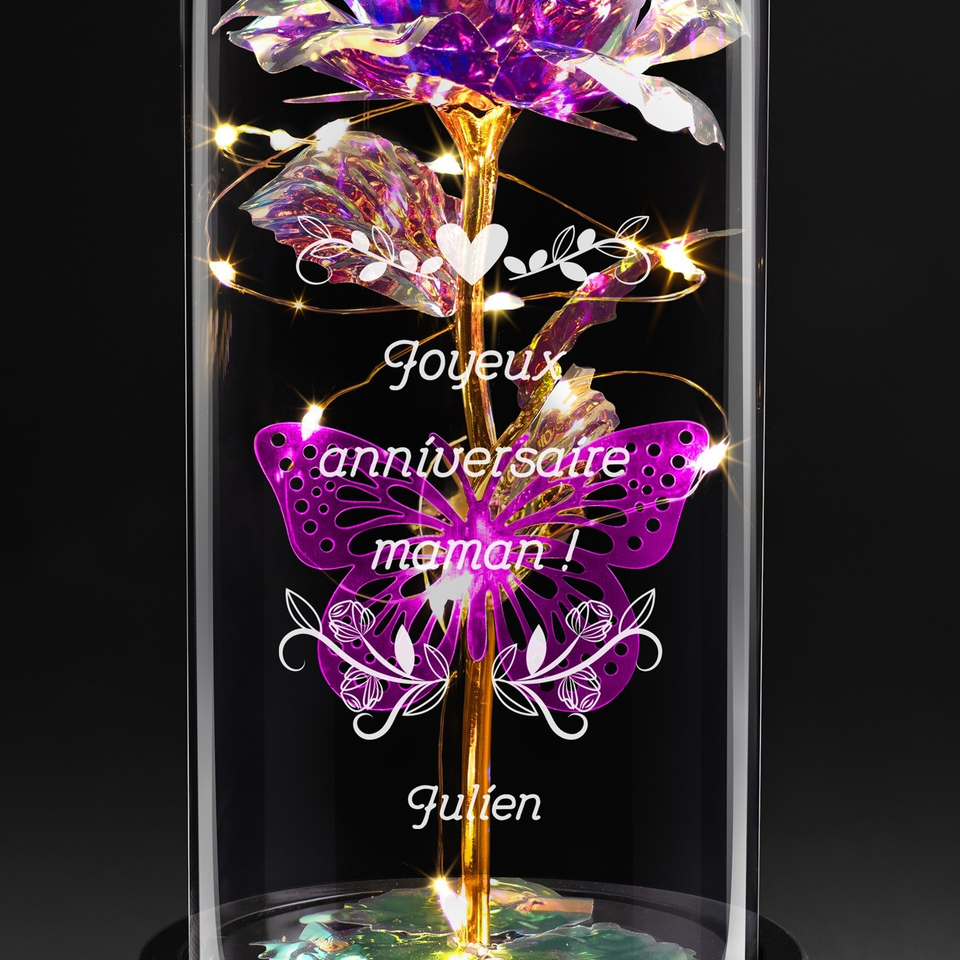 Rose éternelle violette sous cloche en verre avec gravure et lumière LED pour l'anniversaire de maman