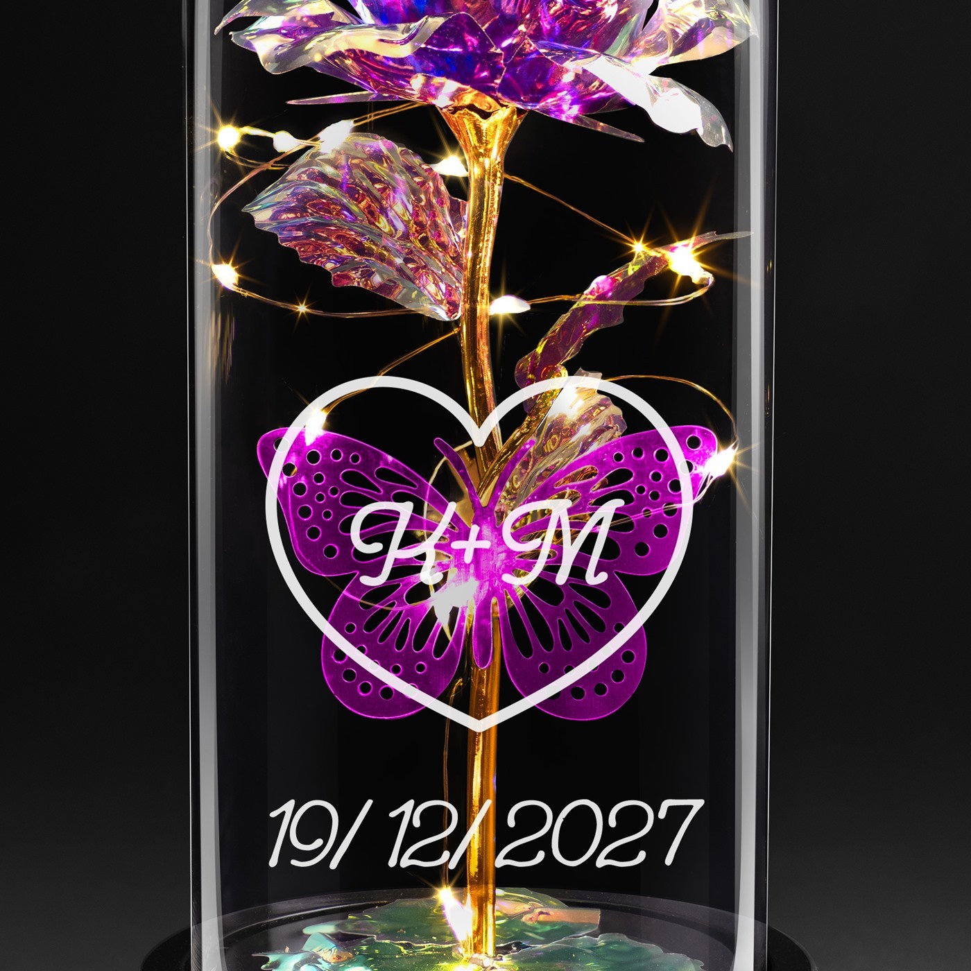 Rose éternelle violette sous cloche en verre avec gravure et lumière LED pour elle et pour lui pour l'anniversaire de mariage