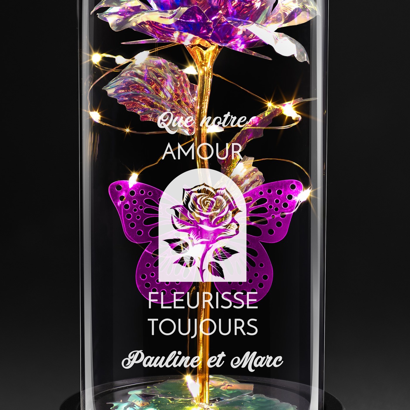 Rose éternelle violette personnalisée sous cloche en verre avec lumière LED pour mari et femme pour l'anniversaire de mariage