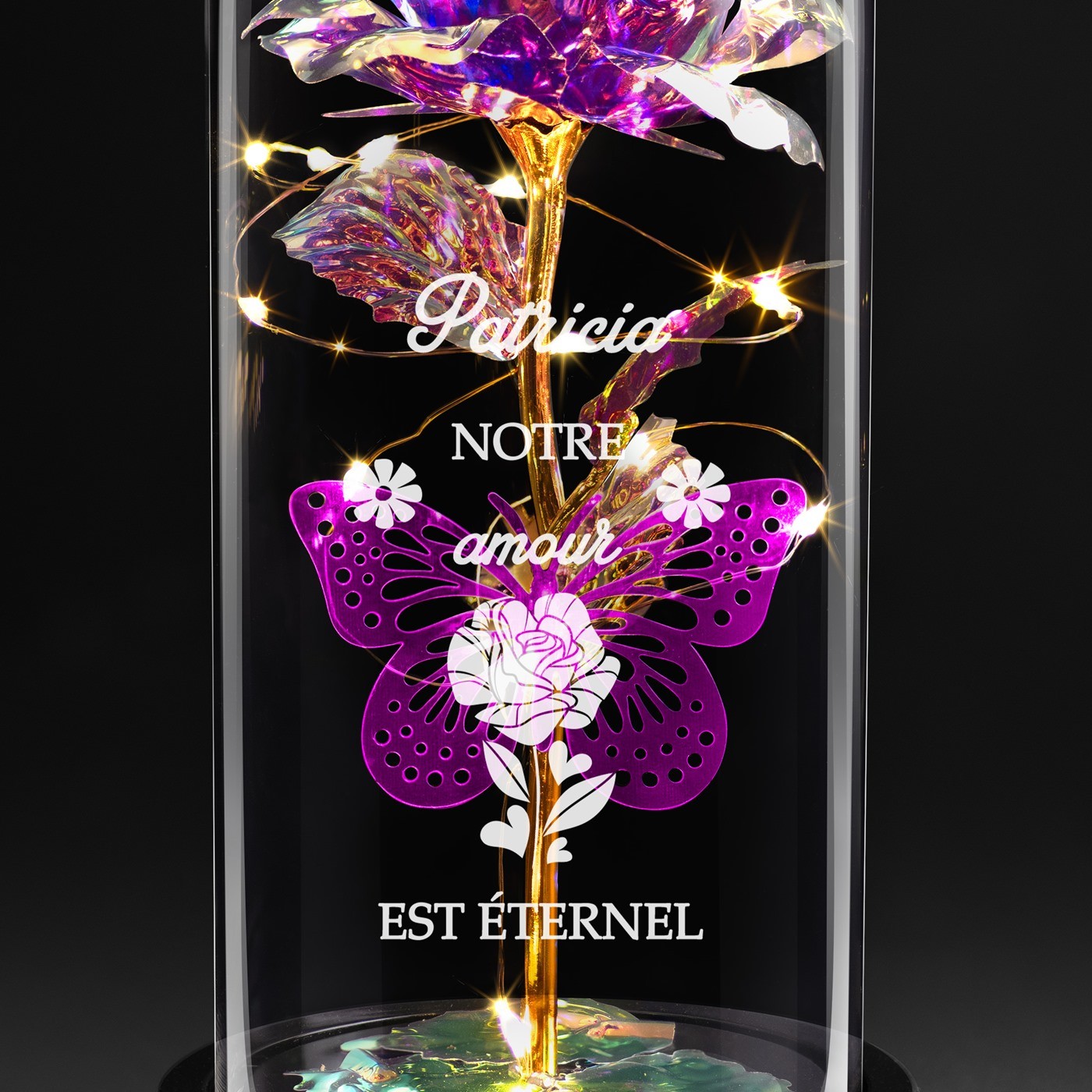Rose éternelle violette personnalisée sous cloche en verre avec lumière LED pour une femme pour l'anniversaire de mariage