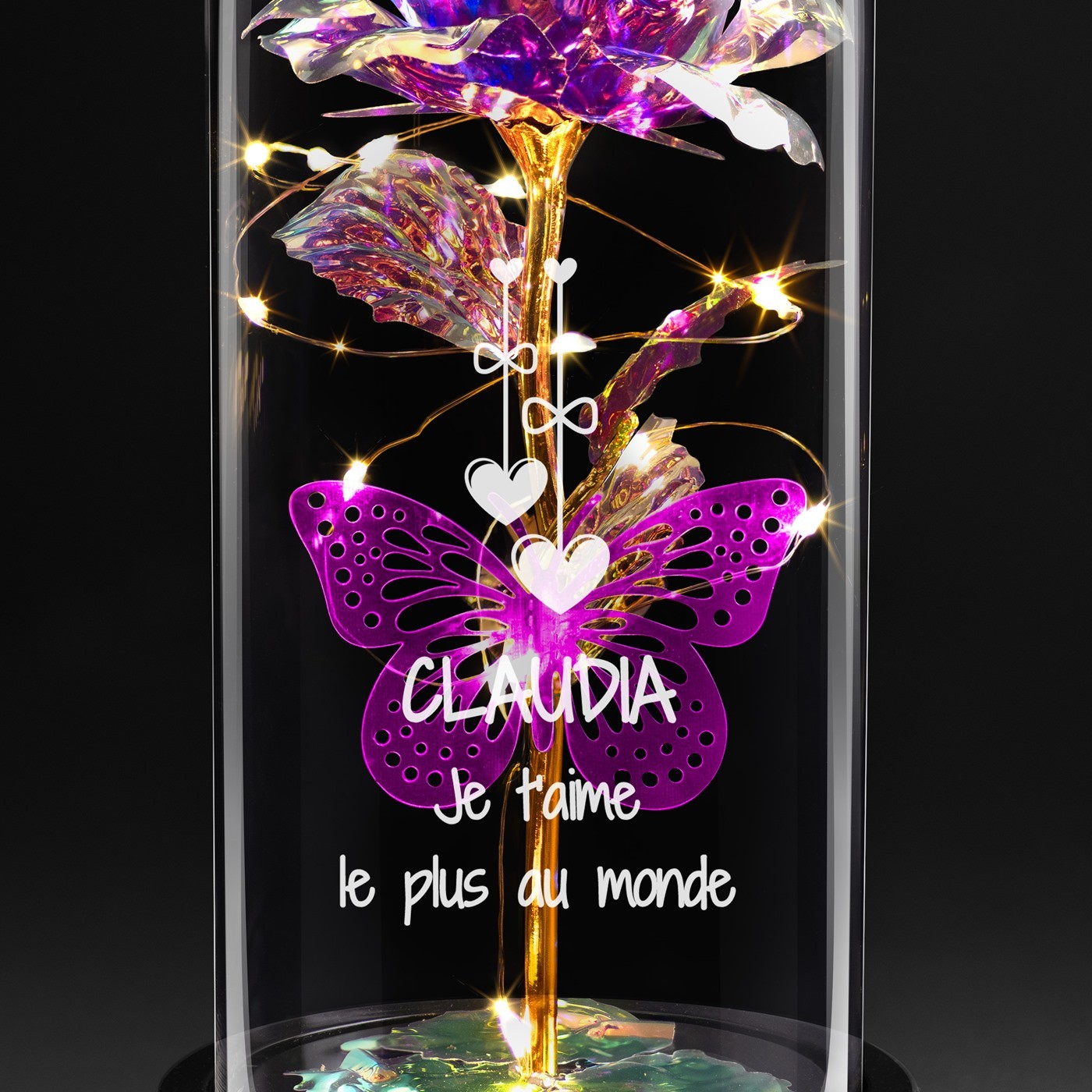 Rose éternelle violette sous cloche en verre avec gravure et lumière LED pour une petite-amie pour la Saint-Valentin