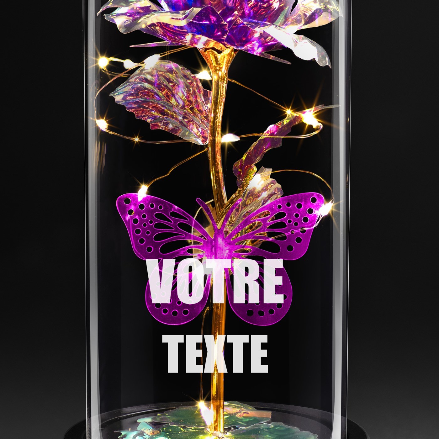 Rose éternelle violette personnalisée sous cloche en verre avec lumière LED pour elle ou pour lui pour l'anniversaire de mariage