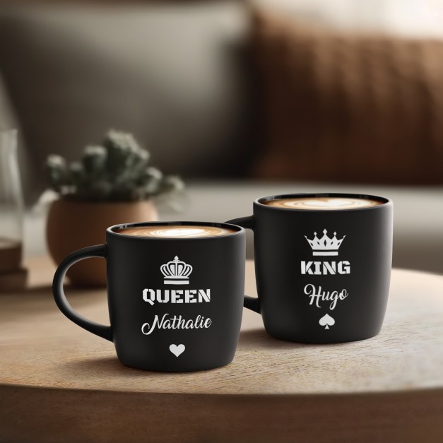 Ensemble de 2 tasses noires en céramique avec gravure pour couple anniversaire roi et reine