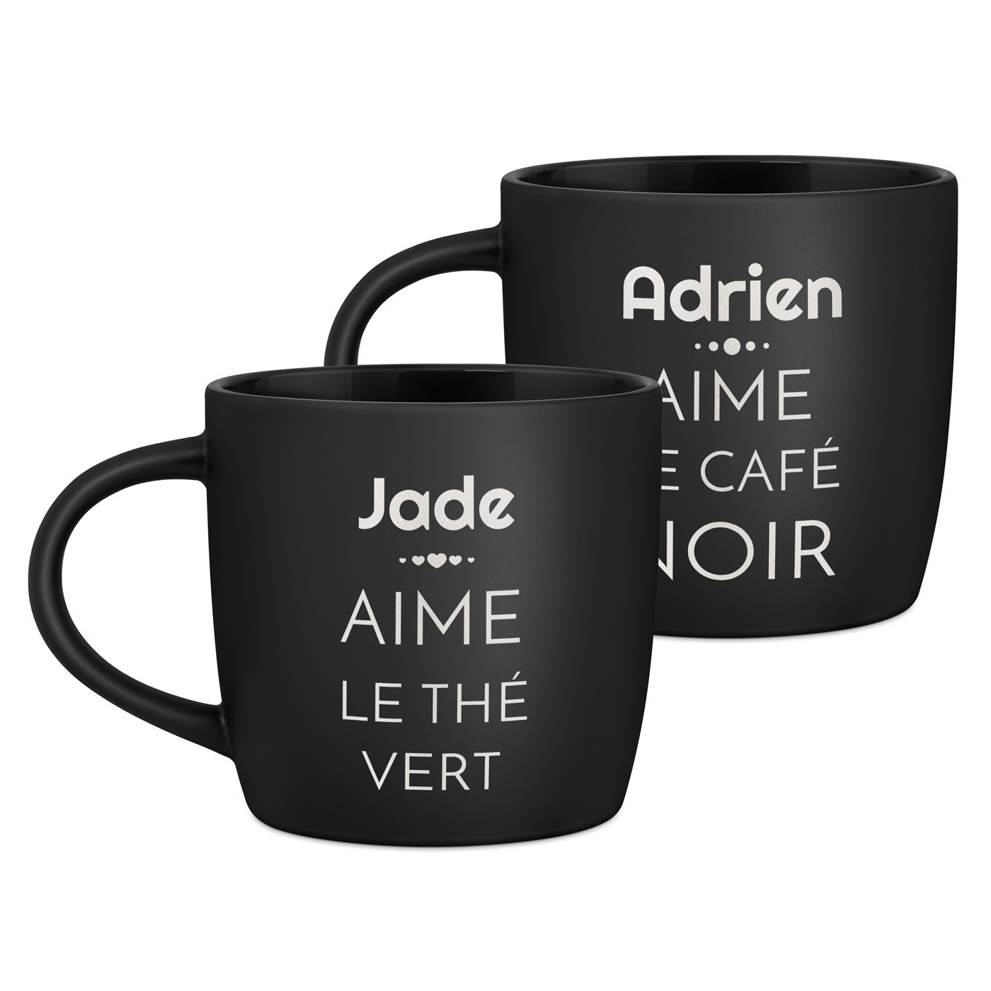 Ensemble de 2 tasses noires en céramique avec gravure pour couple amateurs de thé café
