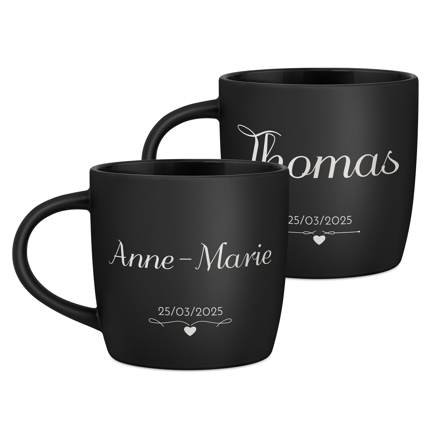 Ensemble de 2 tasses noires en céramique avec gravure pour couple anniversaire mariés
