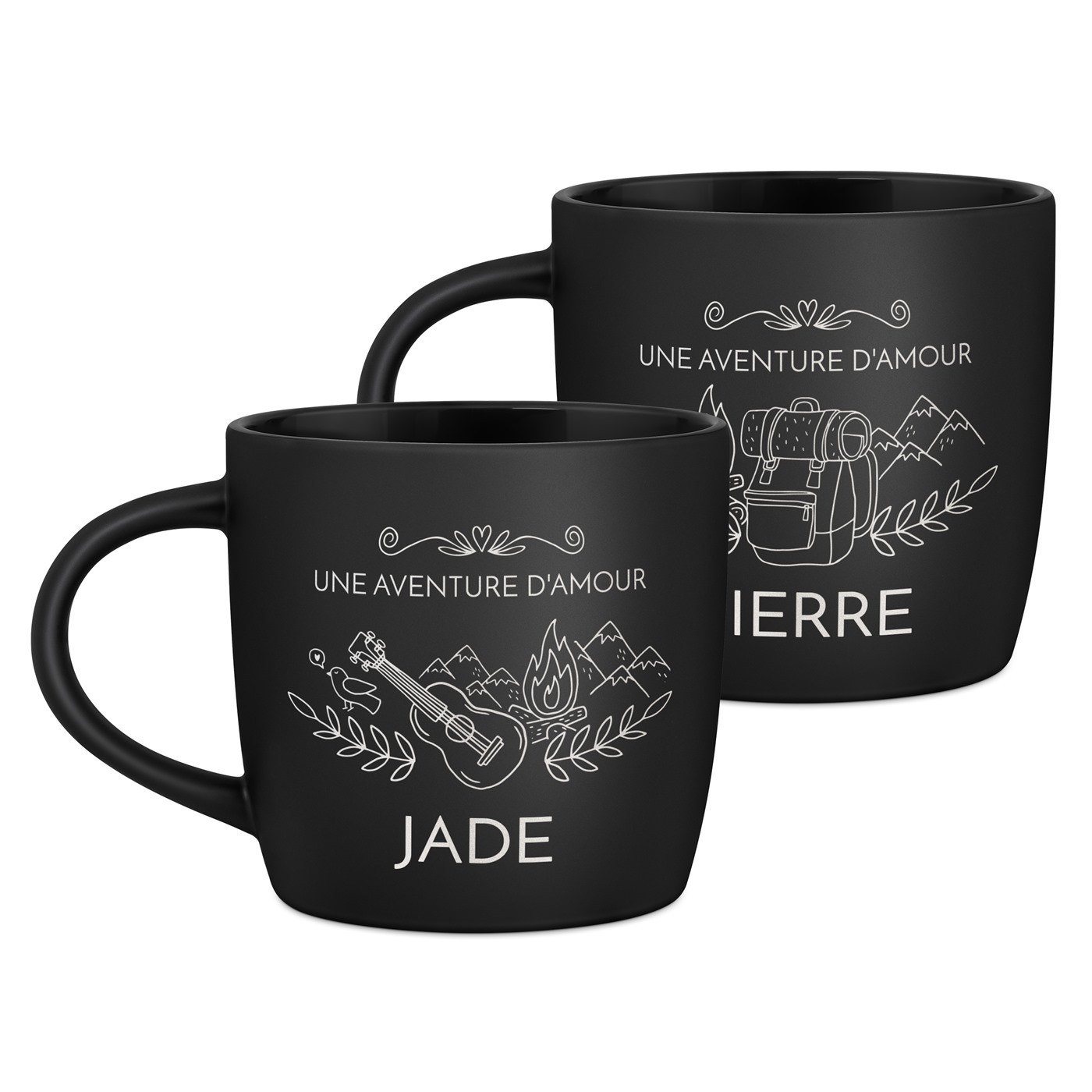 Ensemble de 2 tasses noires en céramique avec gravure pour couple voyageurs mariage
