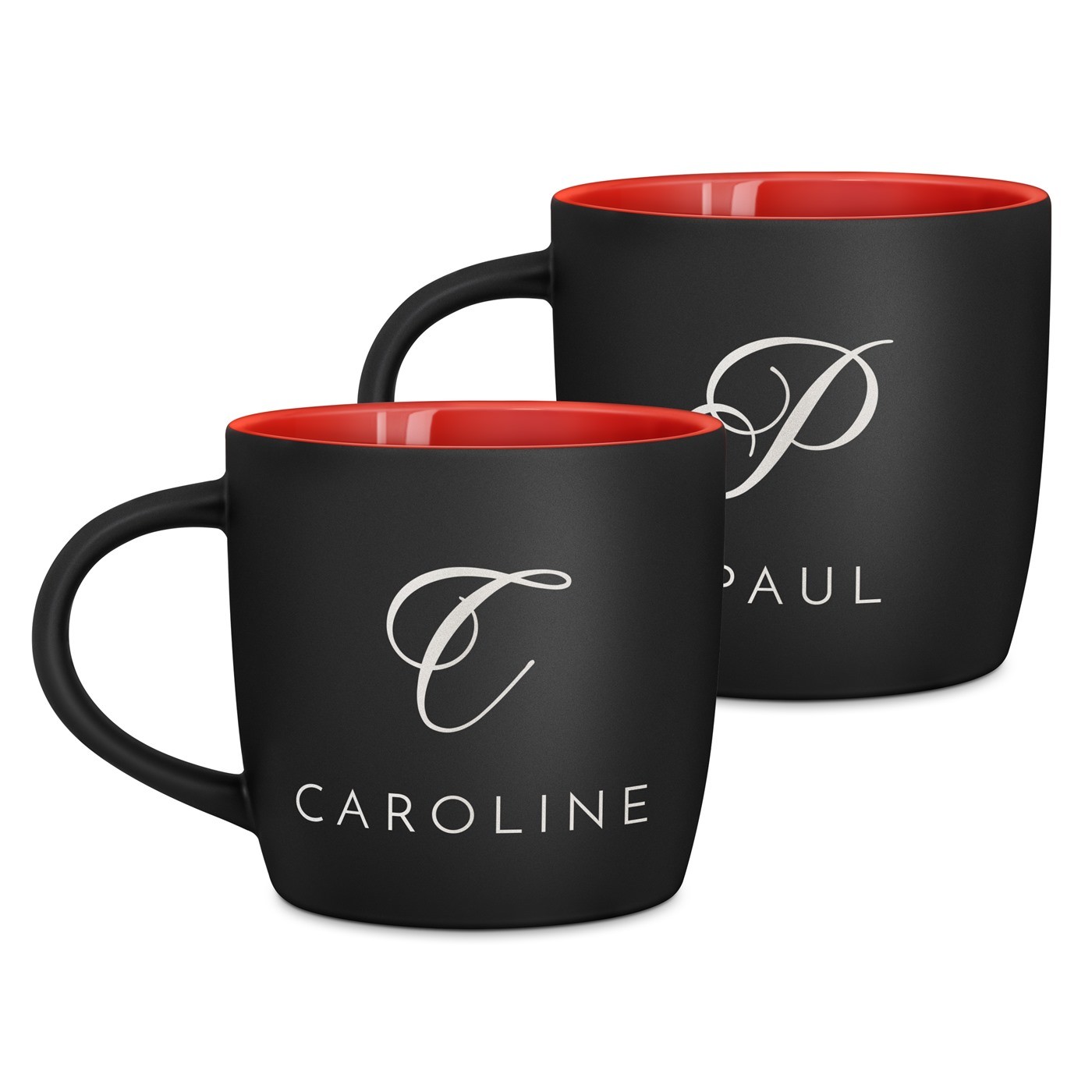 Set de 2 tasses noires et fond rouge en céramique avec personnalisation pour couple mariage déménagement