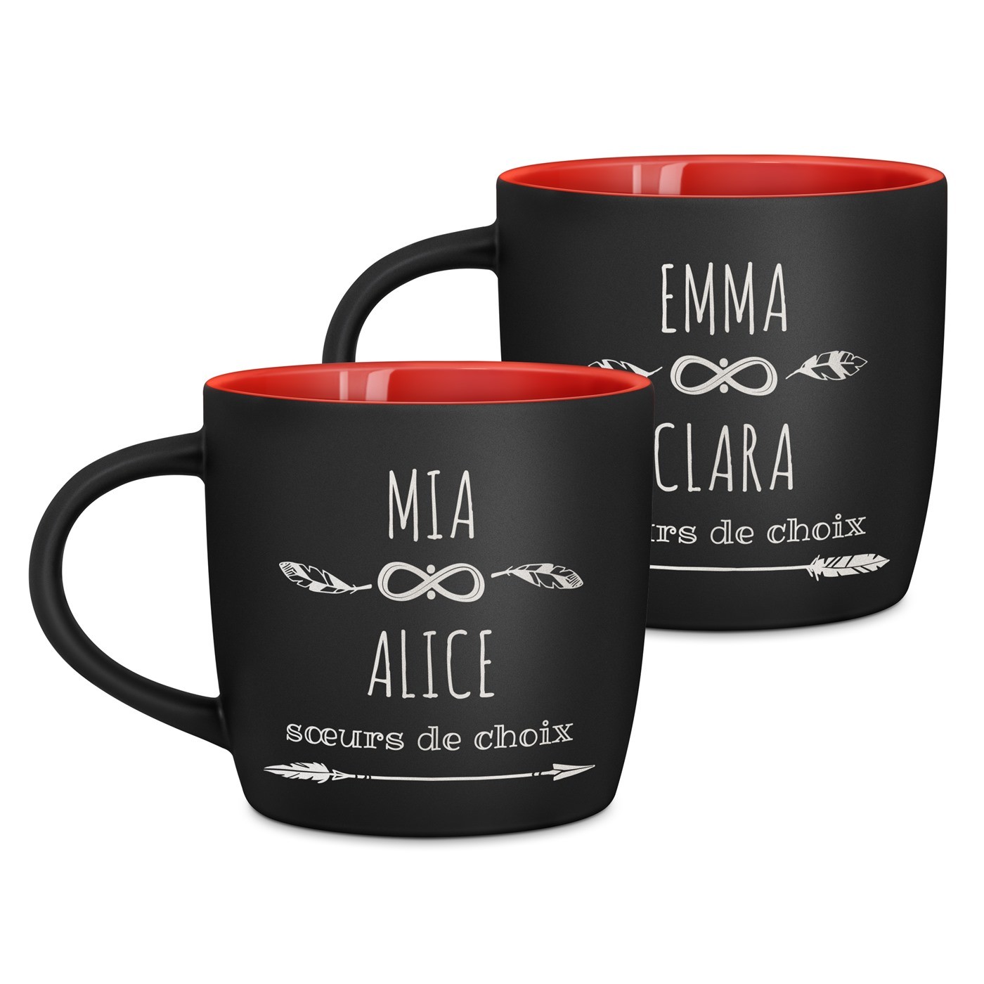 Set de 2 tasses noires et fond rouge en céramique avec personnalisation pour amie soeur