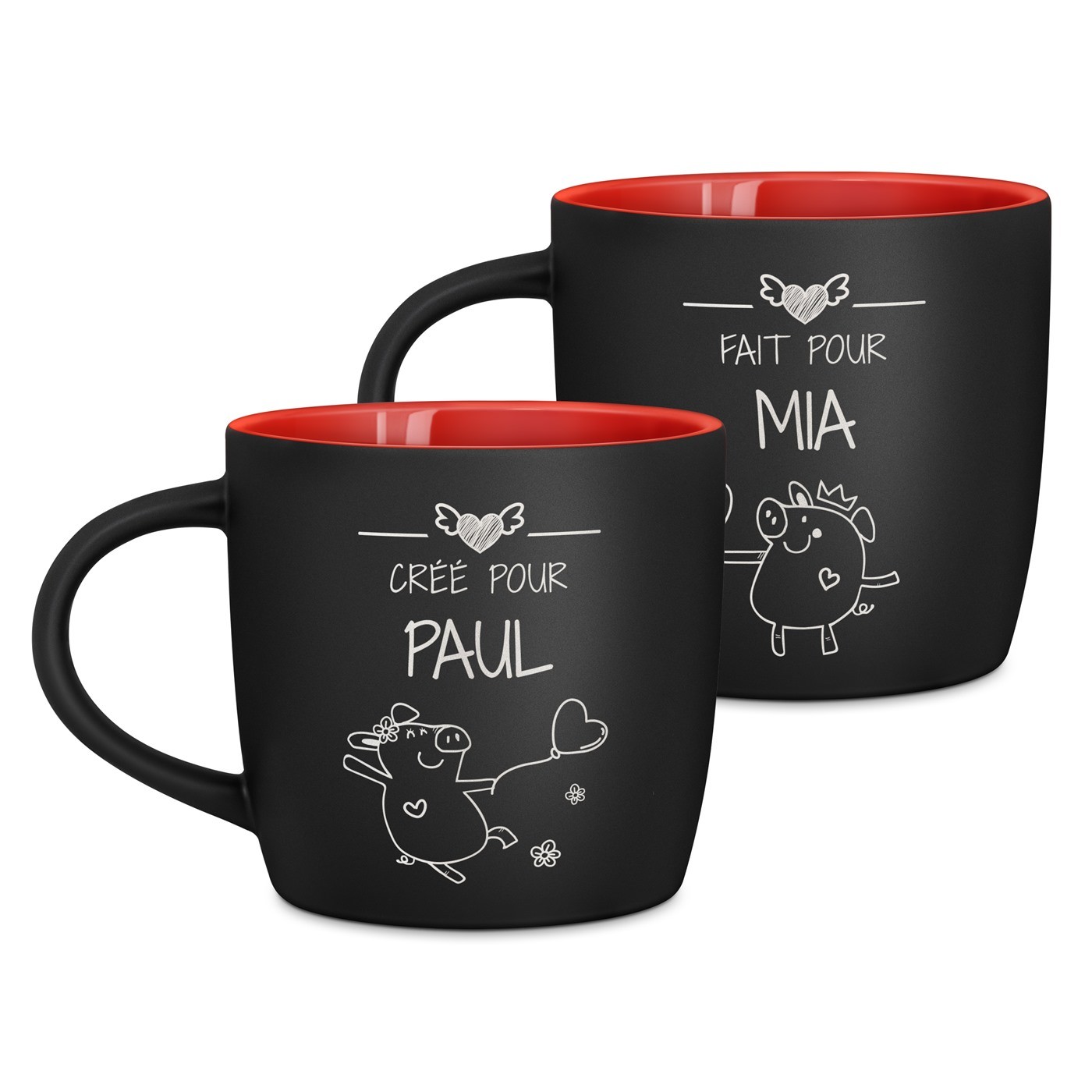 Set de 2 tasses noires et fond rouge en céramique avec personnalisation pour couple mariage saint valentin