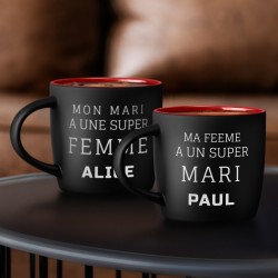 Set de 2 tasses noires et fond rouge en céramique avec personnalisation pour couple meilleur mari meilleure femme