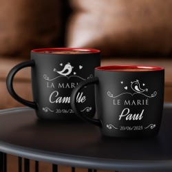 Set de 2 tasses noires et fond rouge en céramique avec personnalisation pour couple mariage anniversaire