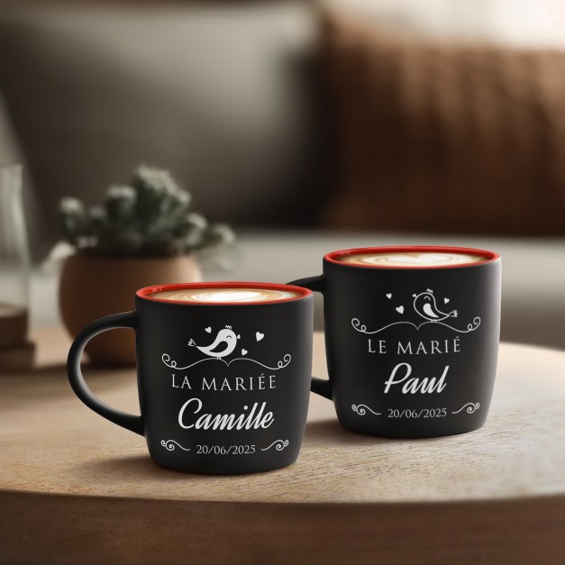 Set de 2 tasses noires et fond rouge en céramique avec personnalisation pour couple mariage anniversaire