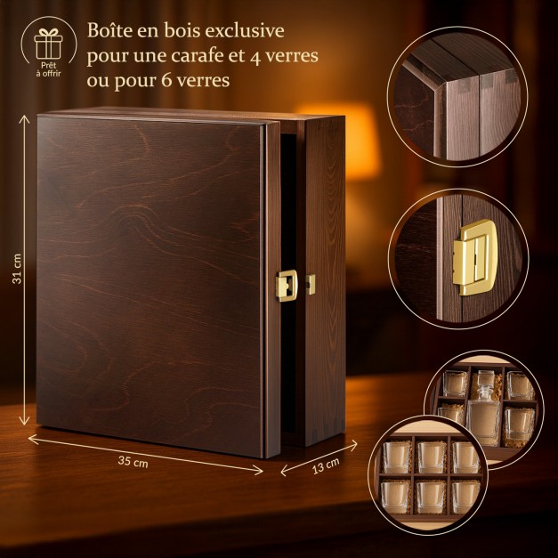Boîte en bois exclusive pour une carafe et 4 verres ou pour 6 verres + accessoire GRATUIT