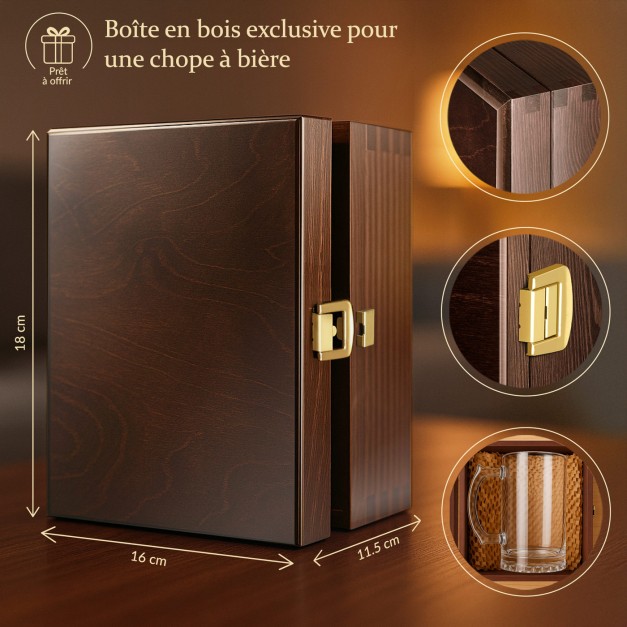 Boîte en bois exclusive pour une chope à bière + accessoire GRATUIT