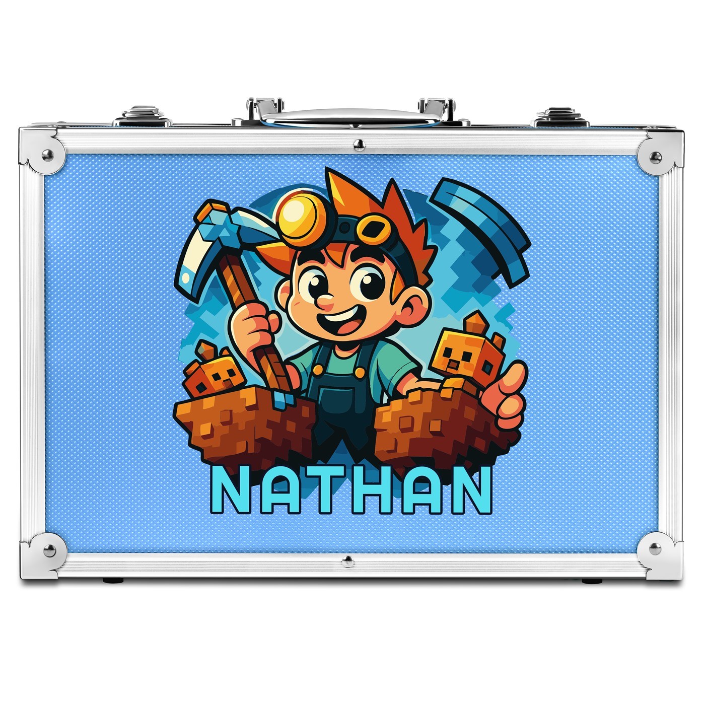 Mallette de coloriage personnalisée bleue avec Minecraft pour l'anniversaire d'un garçon