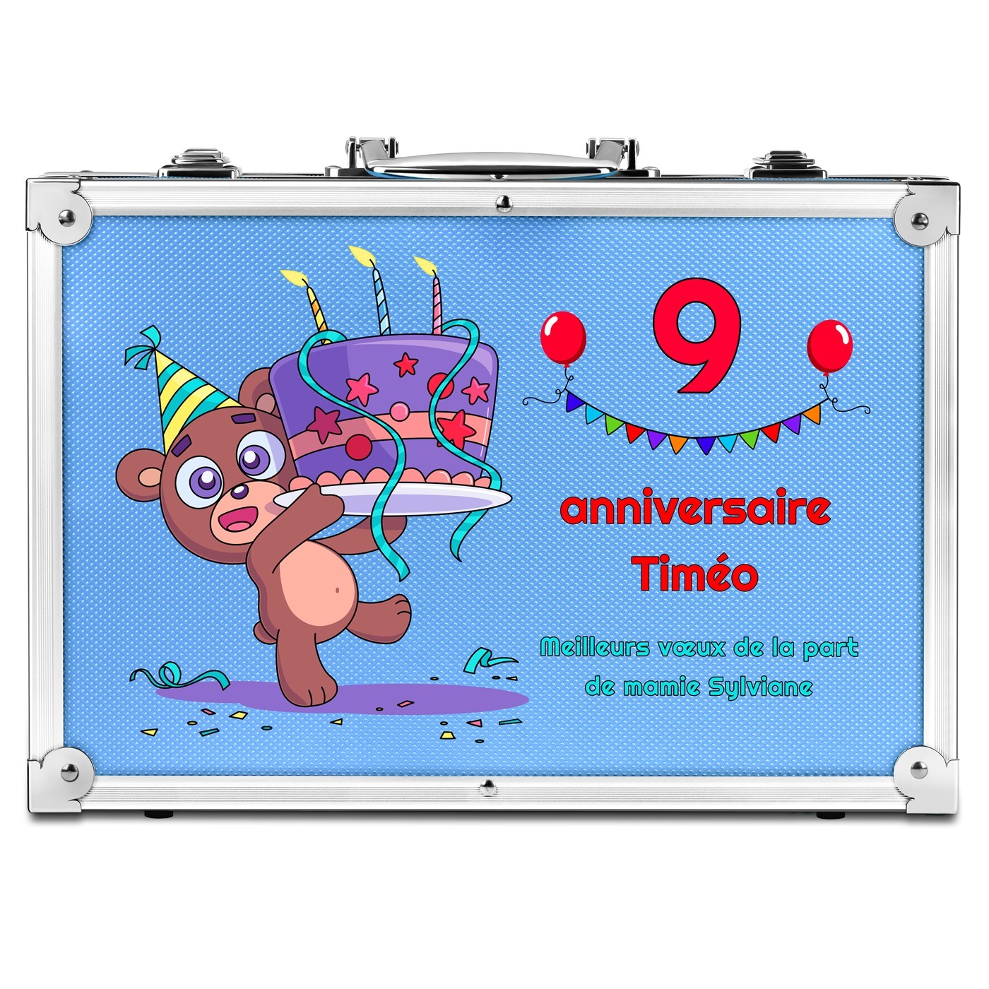 Mallette de coloriage personnalisée bleue pour le 9e anniversaire d'un petit-fils