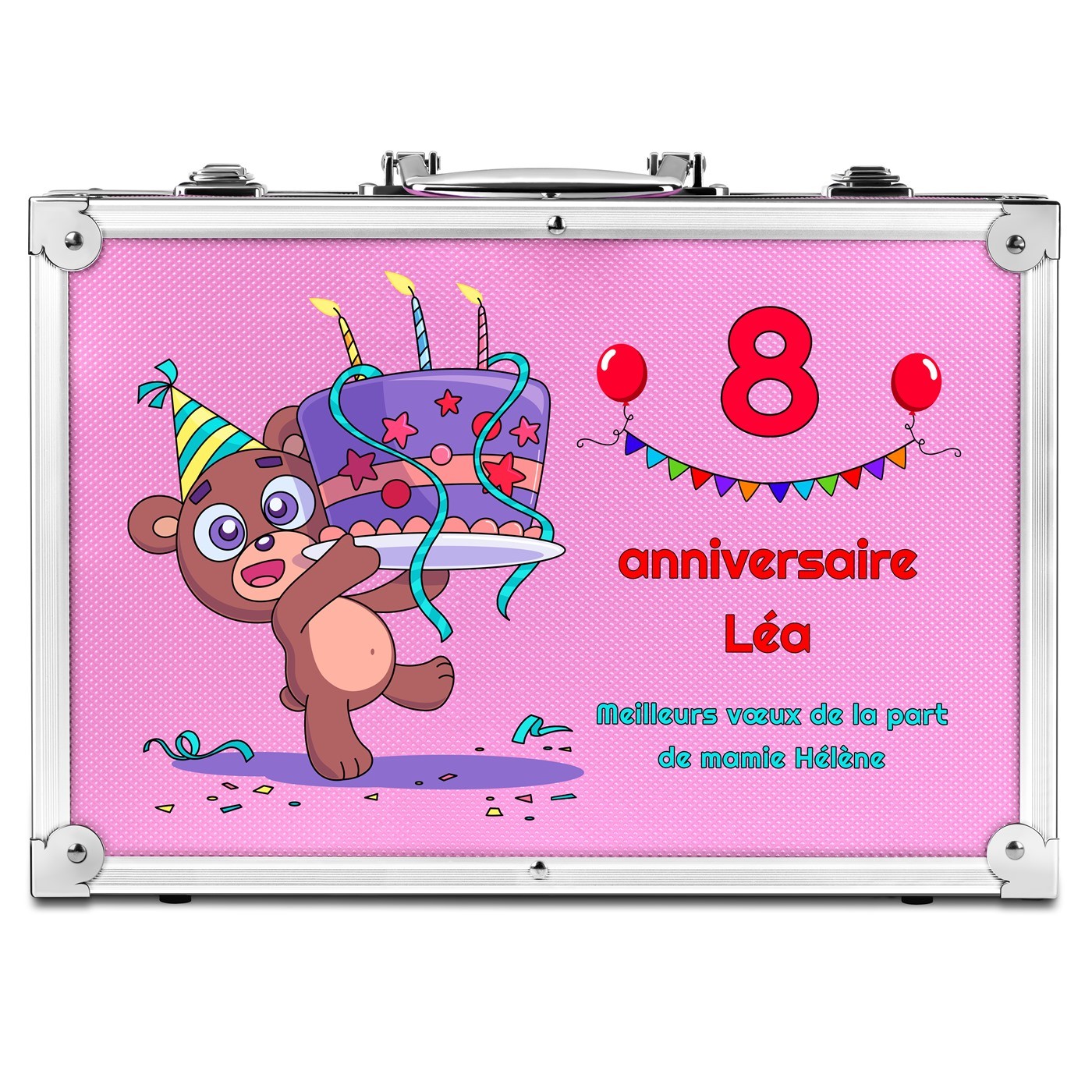 Mallette de coloriage personnalisée rose pour le 8e anniversaire d'une petite-fille