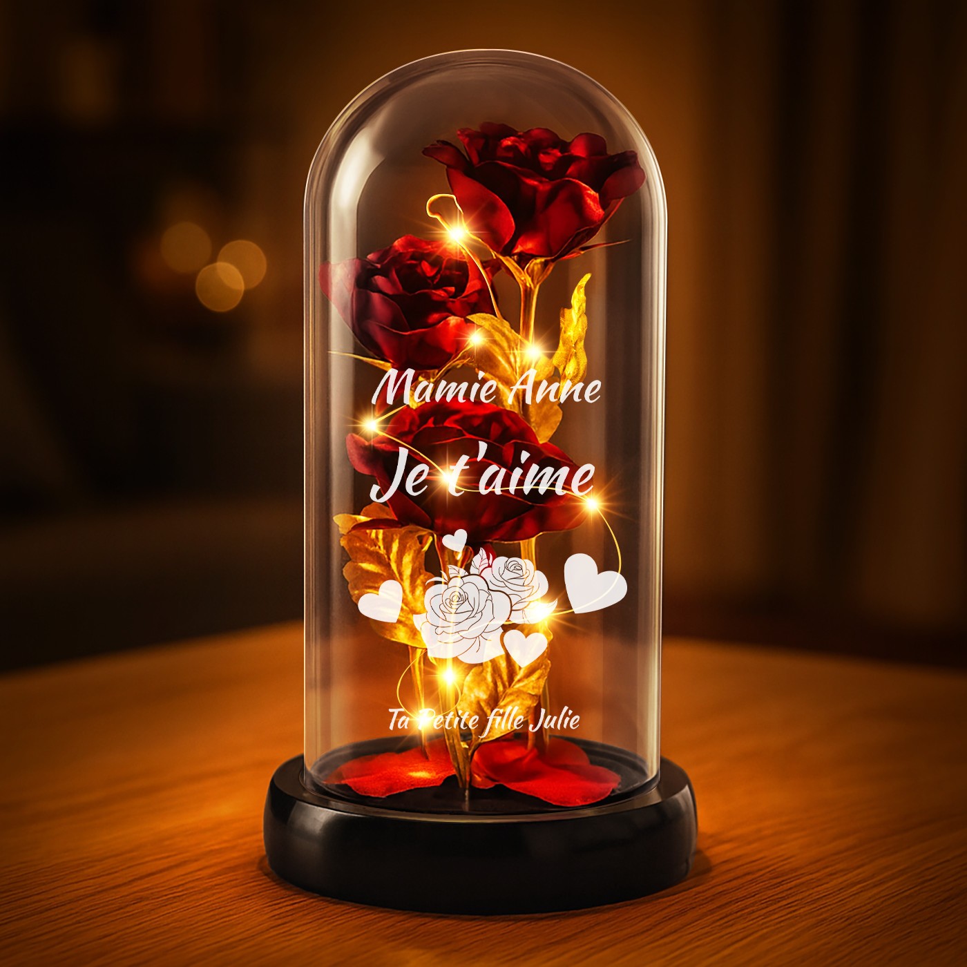 Rose éternelle rouge personnalisée sous cloche en verre avec lumière LED pour la fête des grands-mères