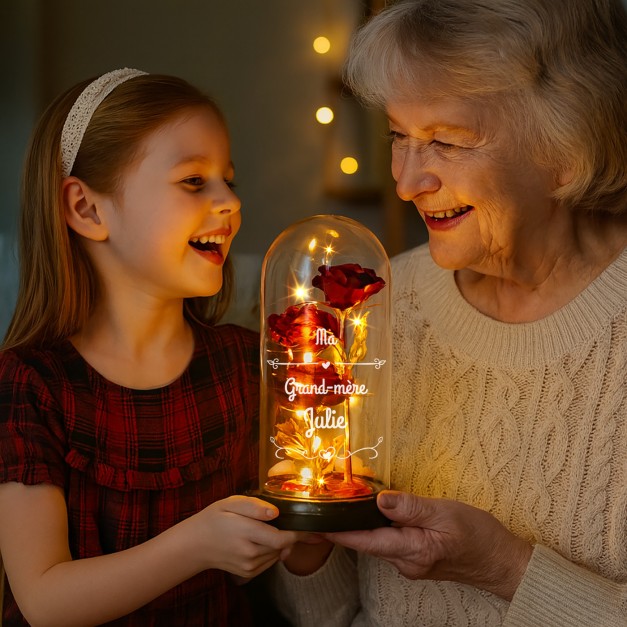 Rose éternelle rouge sous cloche en verre avec gravure et lumière LED pour l'anniversaire d'une grand-mère