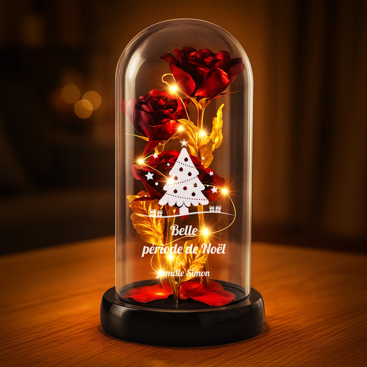 Rose éternelle rouge sous cloche en verre avec gravure et lumière LED pour un couple pour Noël
