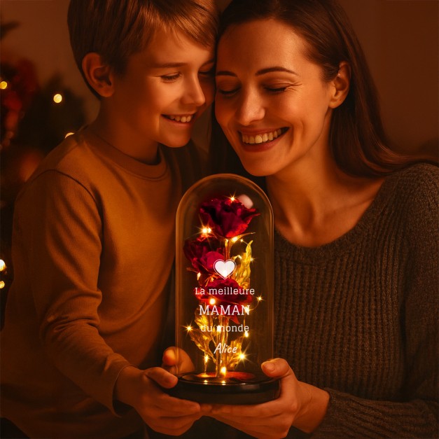 Rose éternelle rouge personnalisée sous cloche en verre avec lumière LED pour la fête des mères