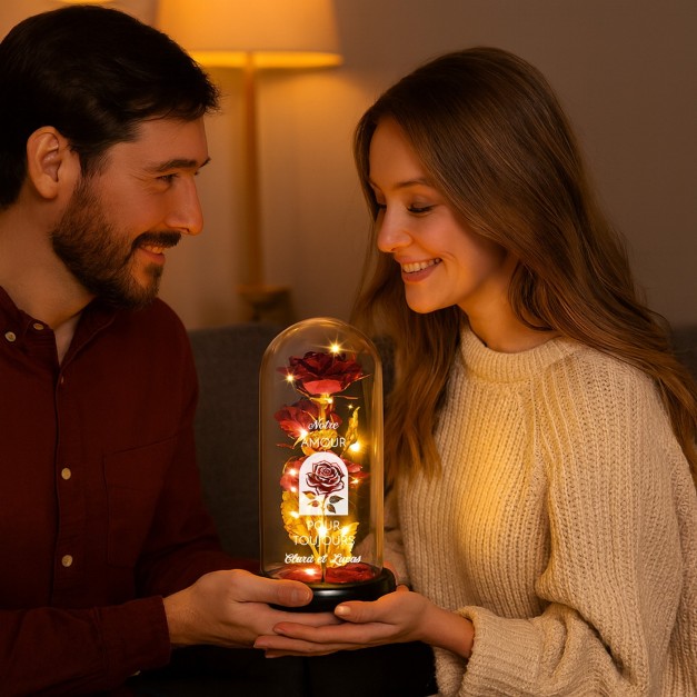 Rose éternelle rouge personnalisée sous cloche en verre avec lumière LED pour une épouse pour l'anniversaire de mariage