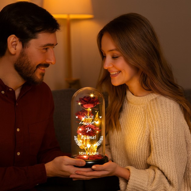 Rose éternelle rouge sous cloche en verre avec gravure et lumière LED pour une femme pour la Saint-Valentin