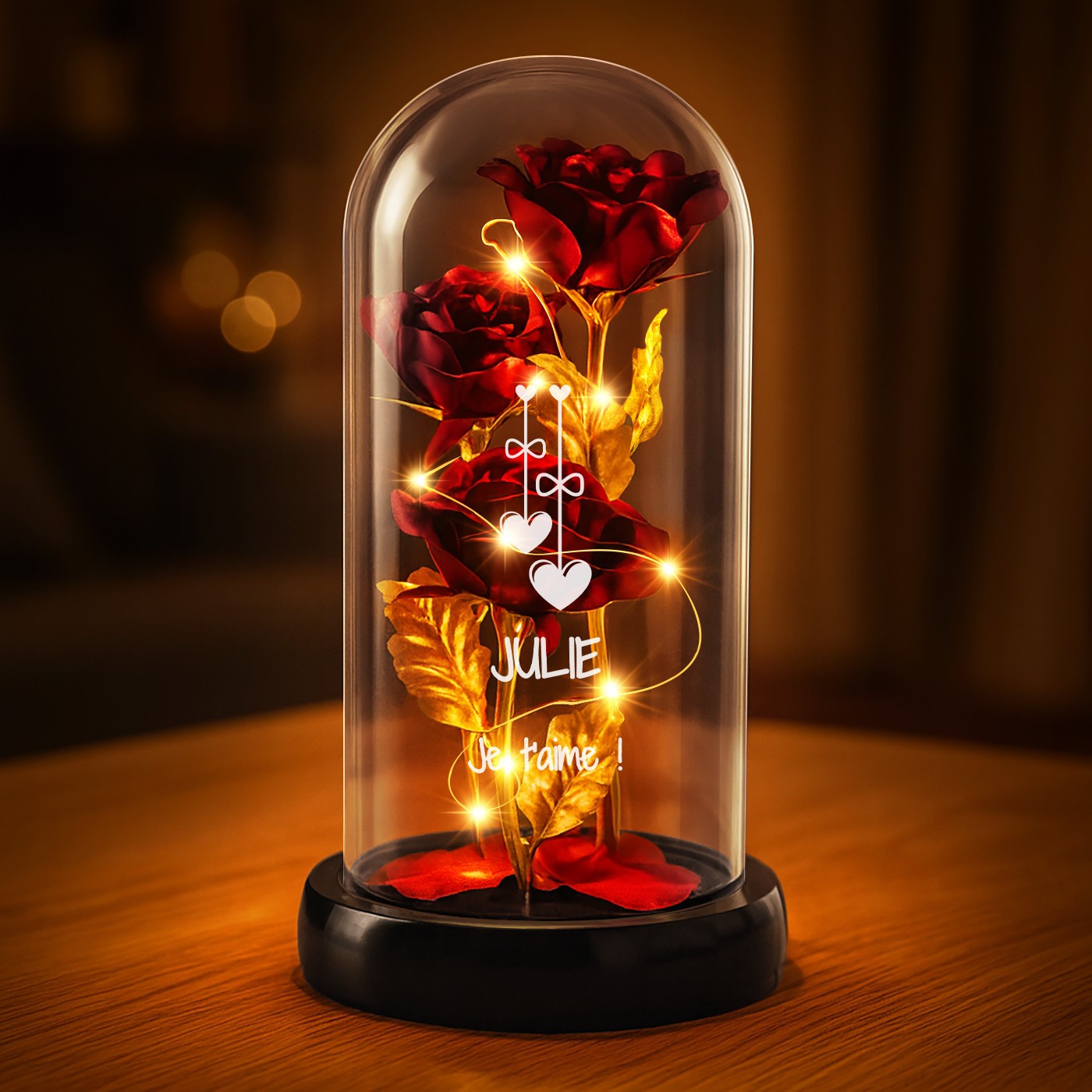 Rose éternelle rouge sous cloche en verre avec gravure et lumière LED pour une fiancée pour la Saint-Valentin