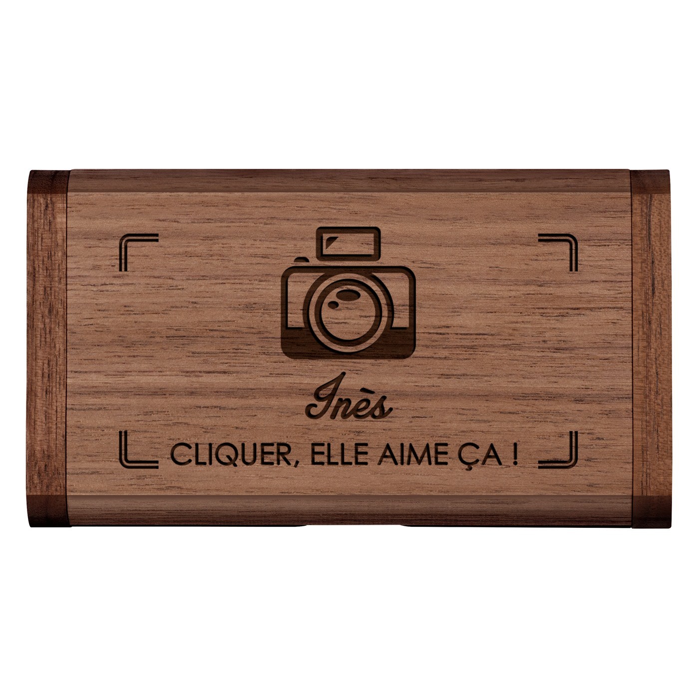 Clé USB en bois avec gravure 64 Go dans une boîte magnétique pour une photographe