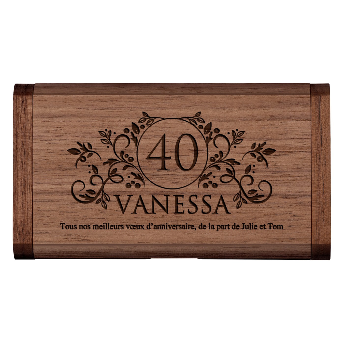 Clé USB en bois personnalisée 64 Go dans une boîte magnétique pour le 40e anniversaire d'une femme exceptionnelle