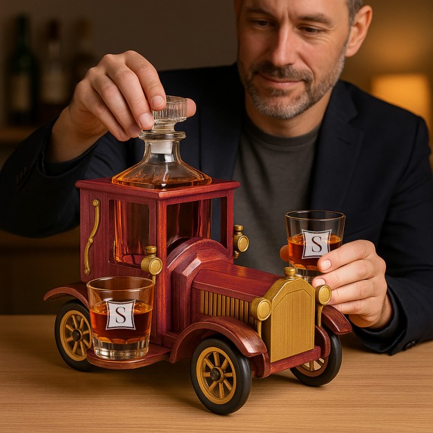 Carafe dans une voiture en bois avec 2 verres avec gravure pour l'anniversaire d'un papa