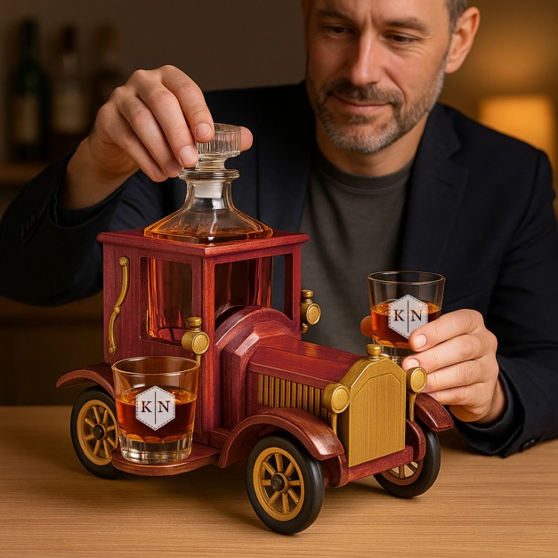 Carafe dans une voiture en bois avec 2 verres personnalisés pour un couple pour l'anniversaire de mariage