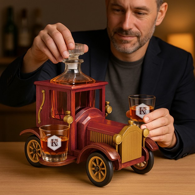 Carafe dans une voiture en bois avec 2 verres avec gravure pour lui ou pour elle pour l'anniversaire de mariage