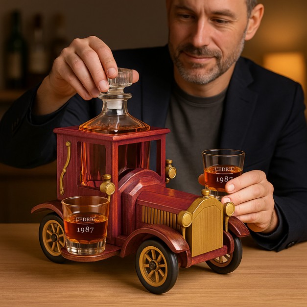 Carafe dans une voiture en bois avec 2 verres avec gravure pour un homme pour ses 40 ans