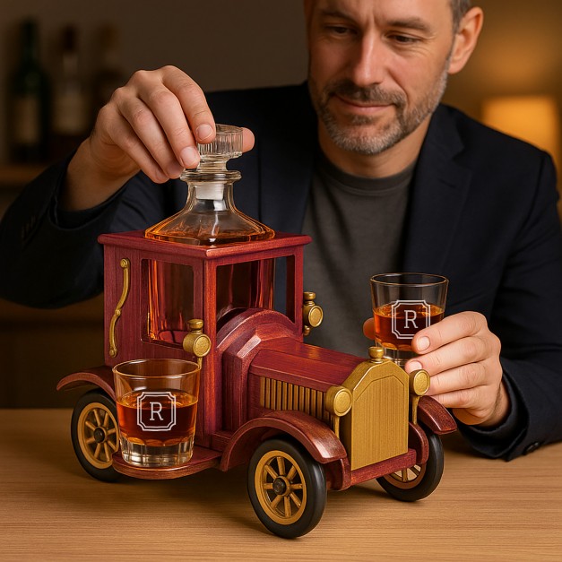 Carafe dans une voiture en bois avec 2 verres avec gravure pour elle ou pour lui pour mariage