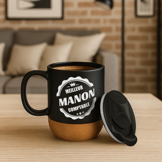 Mug noir avec impression et couvercle pour femme comptable anniversaire