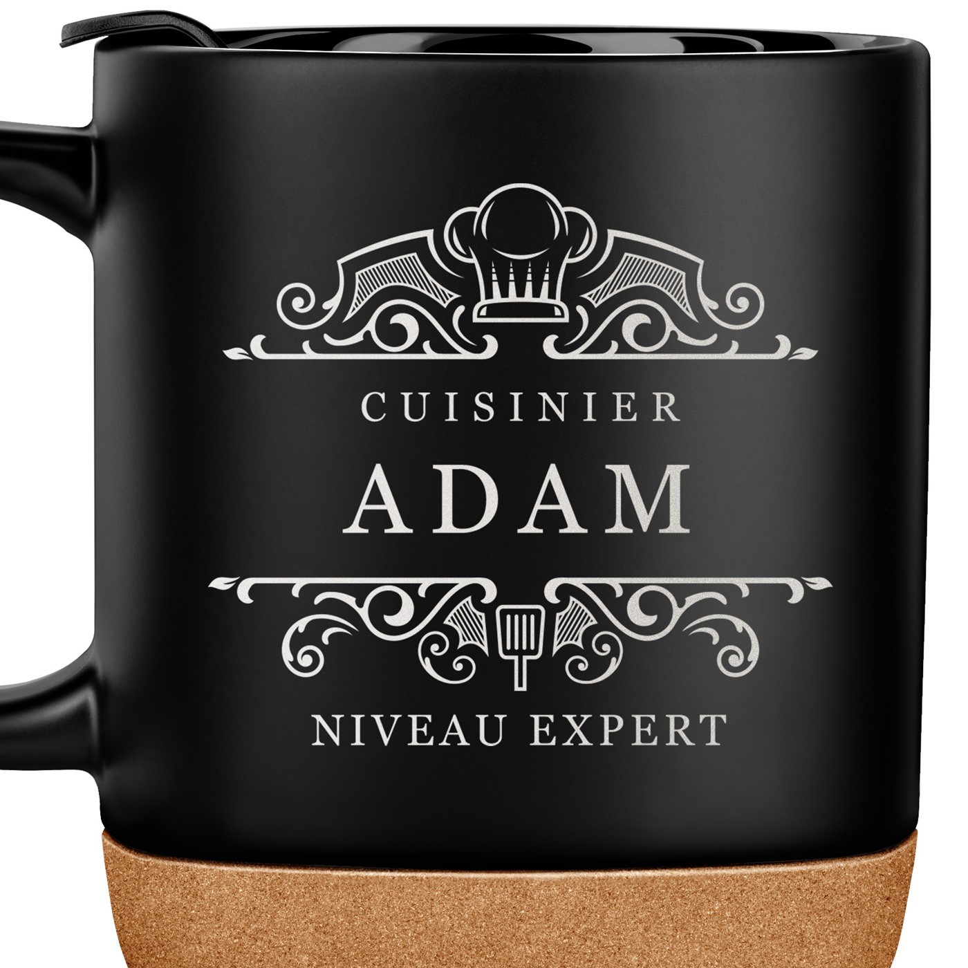 Mug noir avec impression et couvercle pour homme chef de cuisine