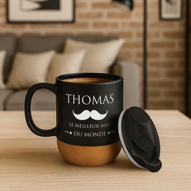 Mug noir avec impression et couvercle pour meilleur copain anniversaire