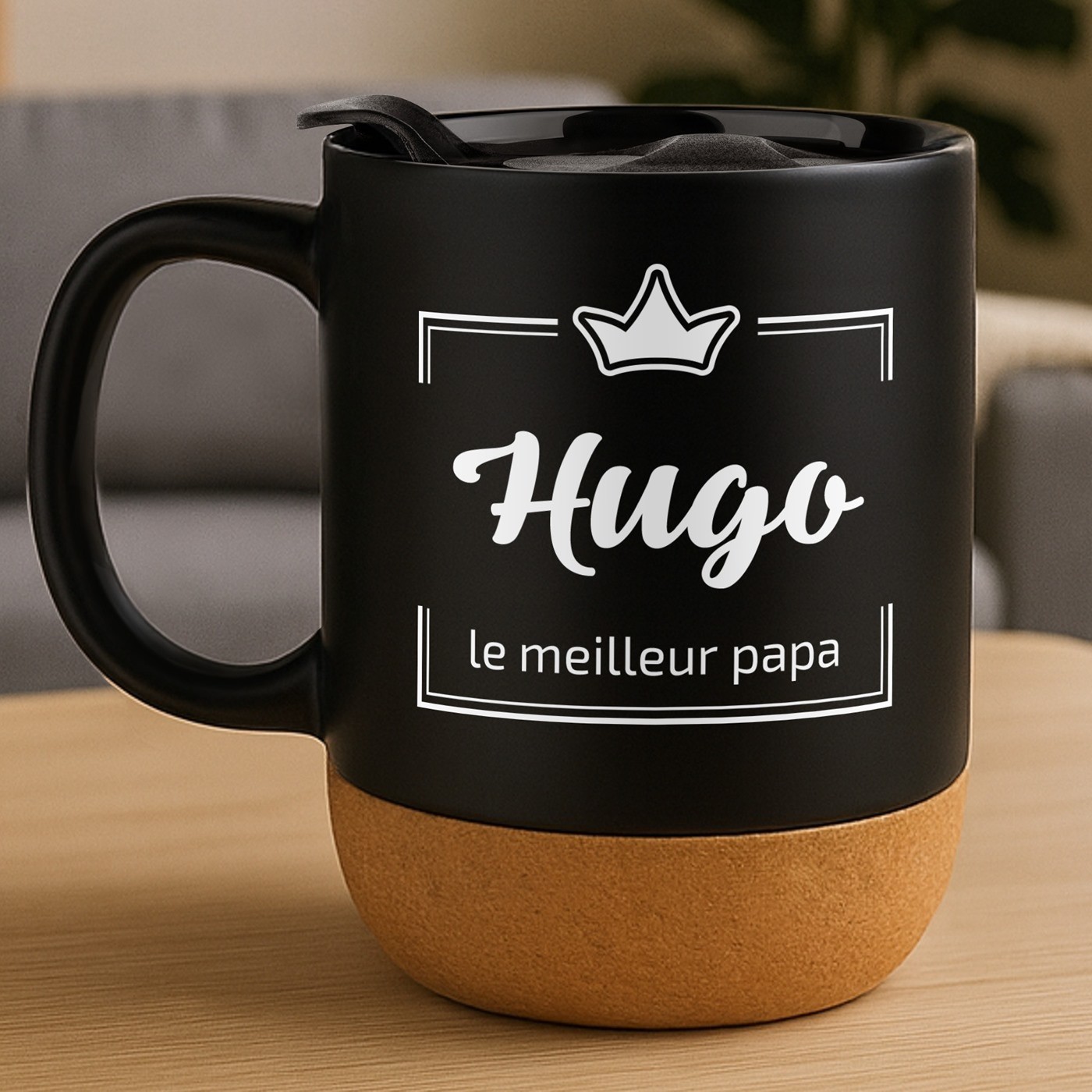 Mug noir avec impression et couvercle pour père papa anniversaire