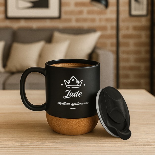 Mug noir avec impression et couvercle pour femme promotion travail