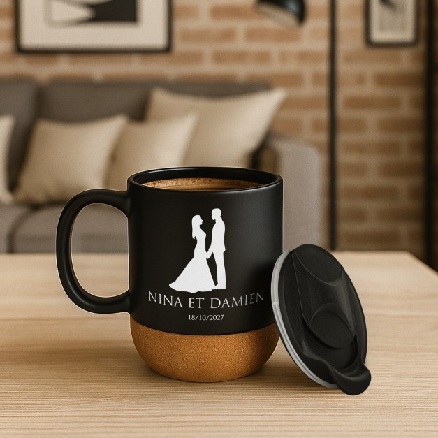Mug noir avec impression et couvercle pour couple femme mari anniversaire