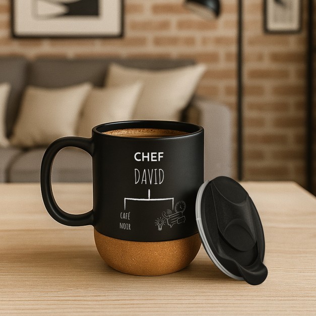 Mug noir avec impression et couvercle pour président anniversaire