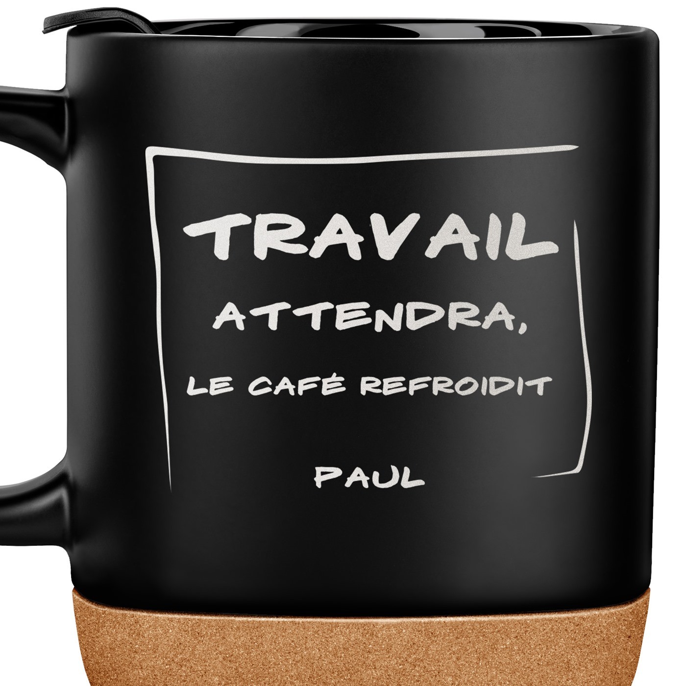 Mug noir avec impression et couvercle pour employé amateur café promotion