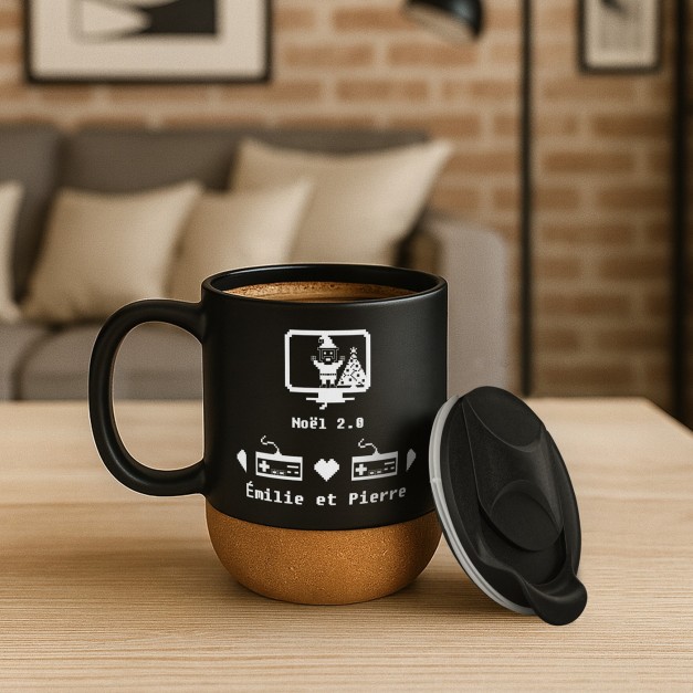 Mug noir avec impression et couvercle pour gamer joueurs noel