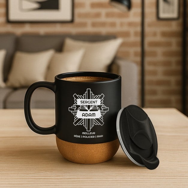Mug noir avec impression et couvercle pour homme policier père mari
