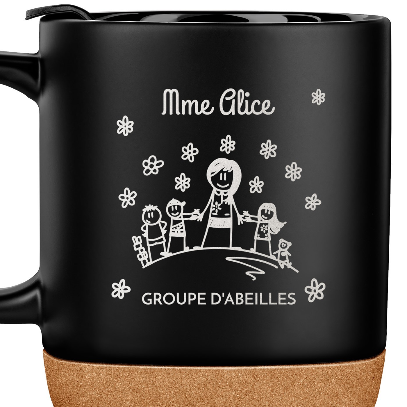 Mug noir avec impression et couvercle pour enseignante maternelle
